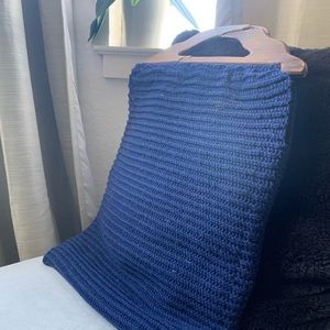 Navy blue knit style purse with wooden handle
